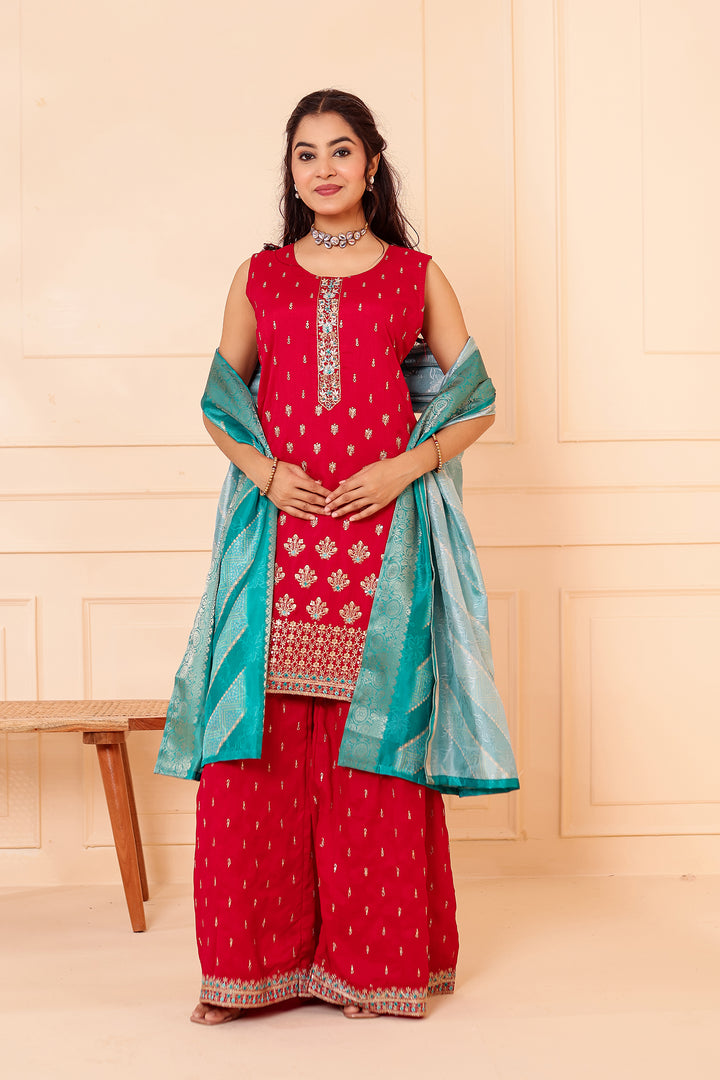 Fuscia Pink Vichitra Silk Sharara Suit.
