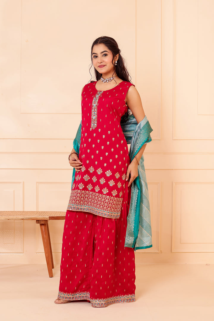 Fuscia Pink Vichitra Silk Sharara Suit.
