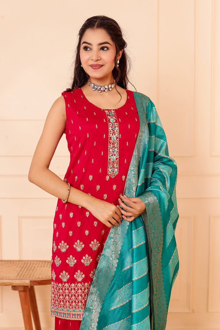 Fuscia Pink Vichitra Silk Sharara Suit.