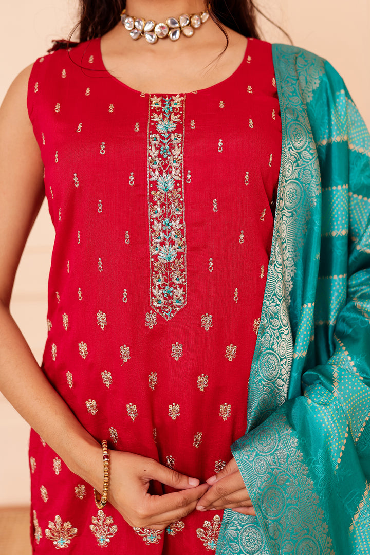 Fuscia Pink Vichitra Silk Sharara Suit.
