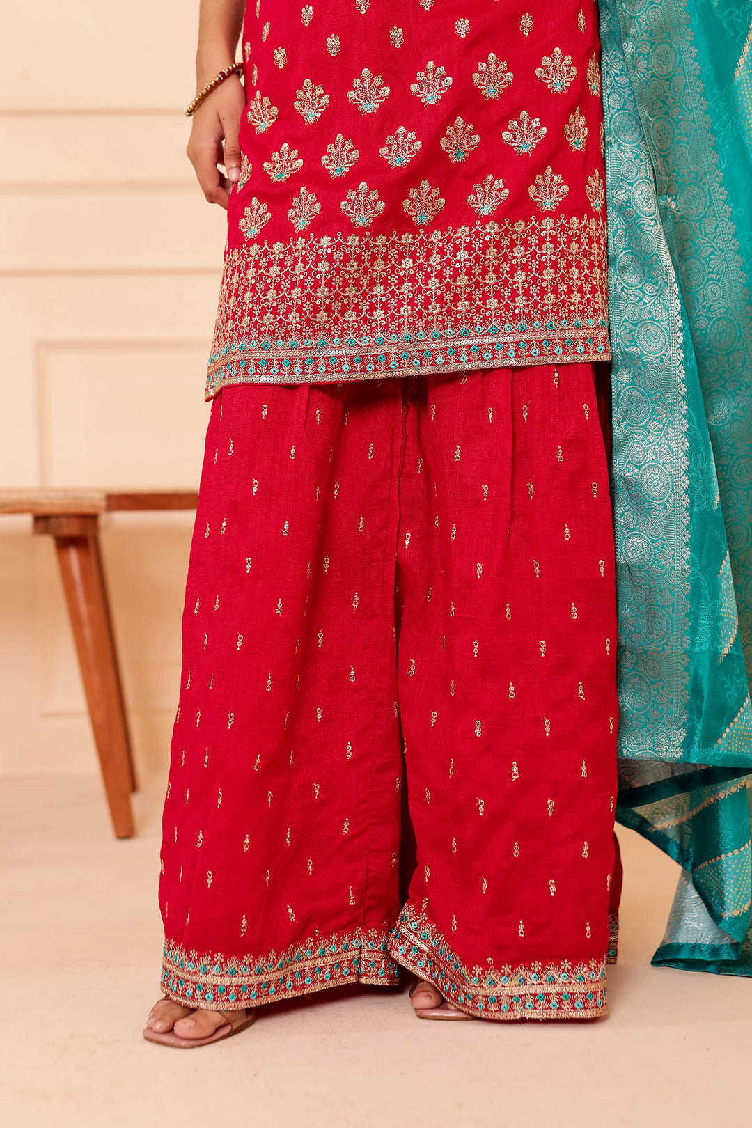 Fuscia Pink Vichitra Silk Sharara Suit.