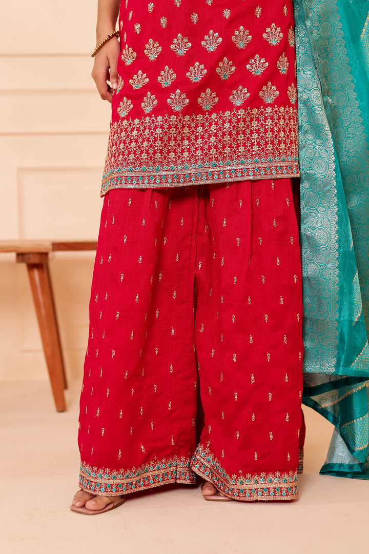 Fuscia Pink Vichitra Silk Sharara Suit.
