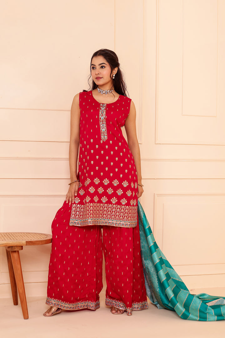 Fuscia Pink Vichitra Silk Sharara Suit.