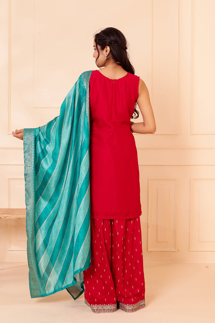 Fuscia Pink Vichitra Silk Sharara Suit.