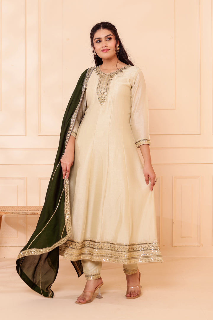 Pista Green Vichitra Silk Anarkali Suit.