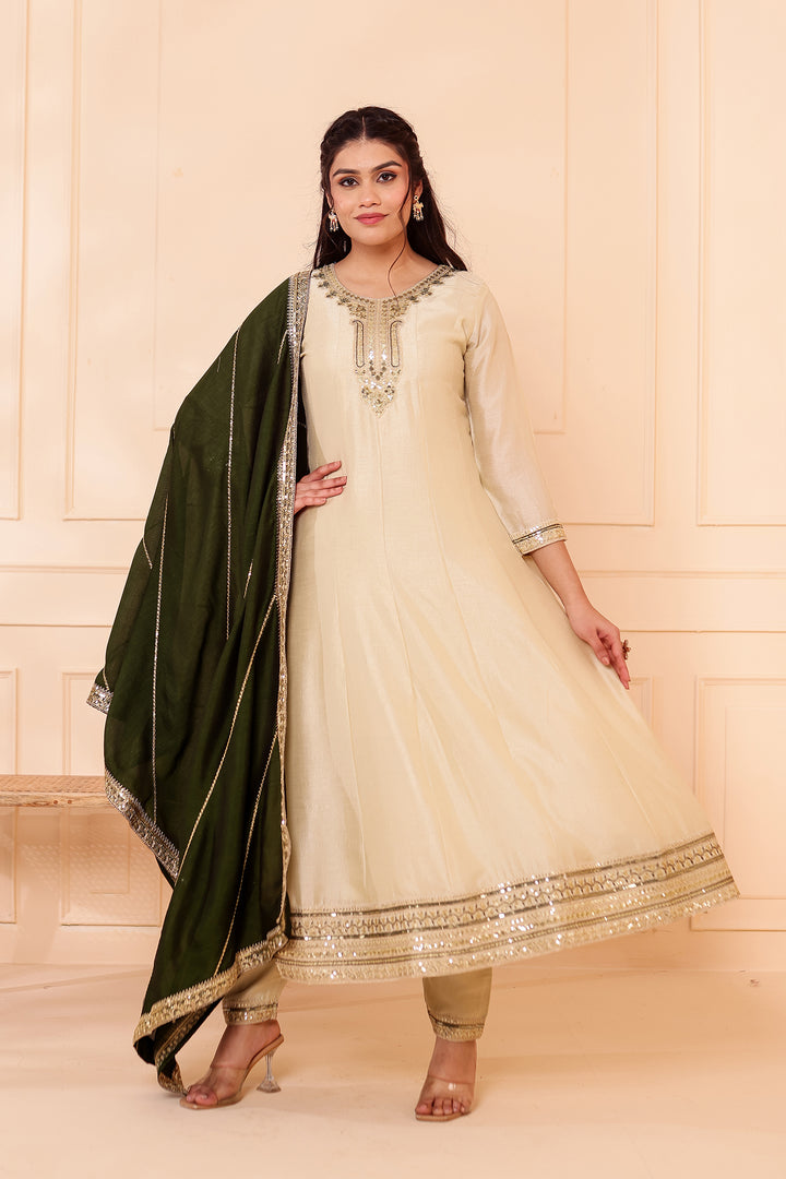 Pista Green Vichitra Silk Anarkali Suit.