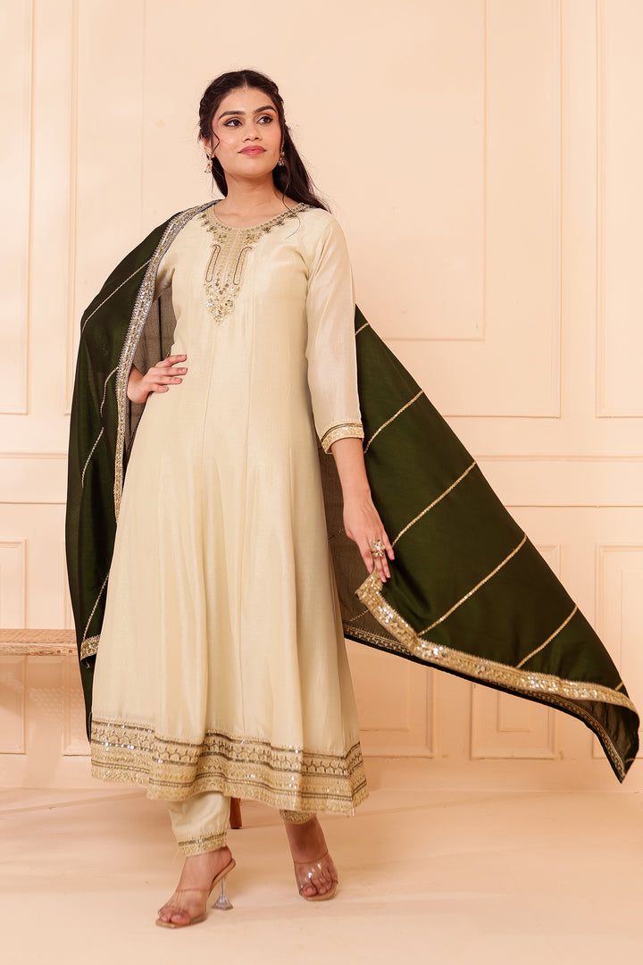 Pista Green Vichitra Silk Anarkali Suit.