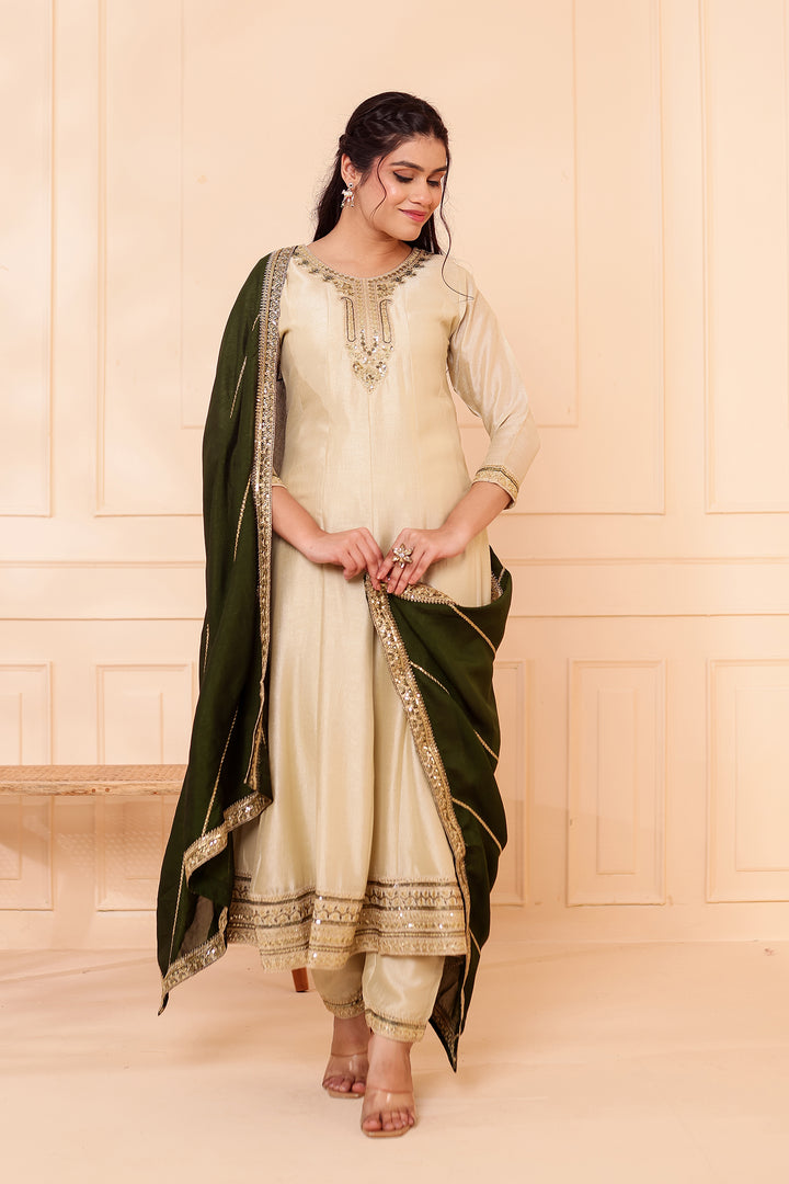 Pista Green Vichitra Silk Anarkali Suit.