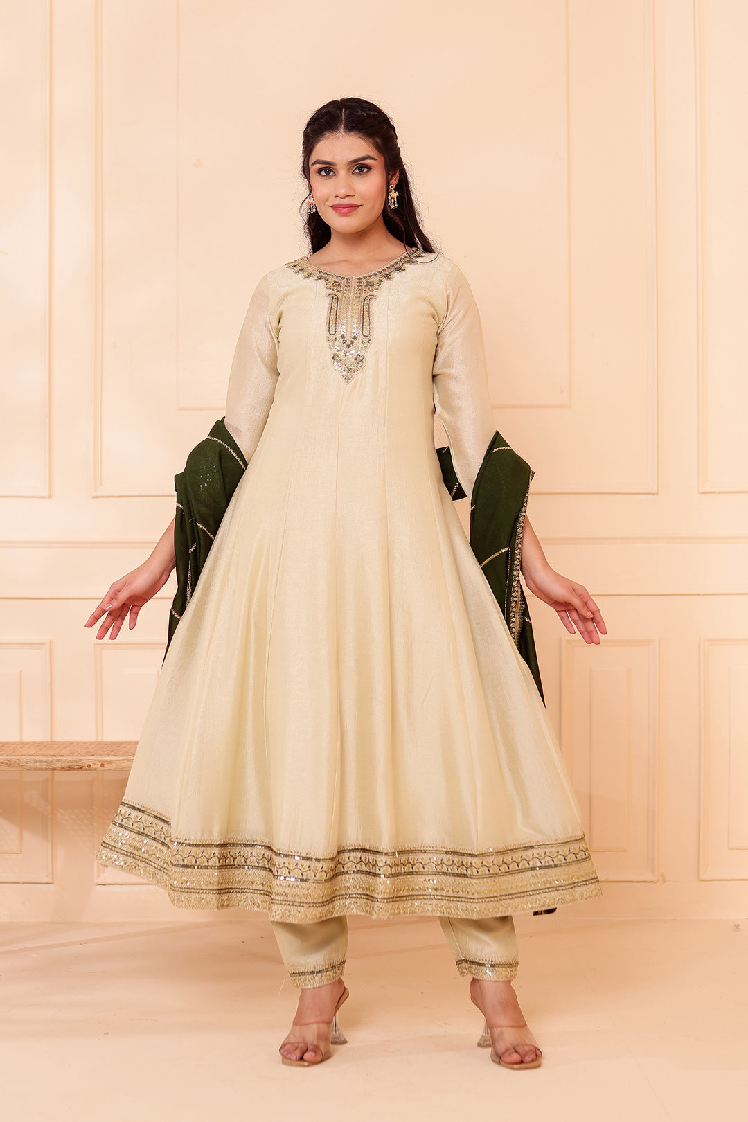 Pista Green Vichitra Silk Anarkali Suit.