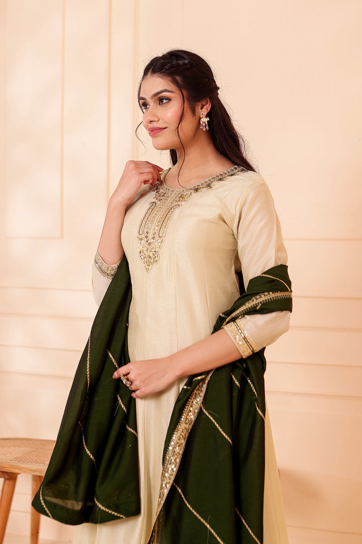 Pista Green Vichitra Silk Anarkali Suit.