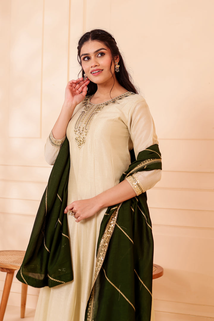 Pista Green Vichitra Silk Anarkali Suit.