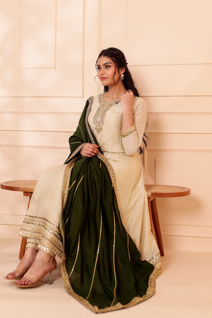 Pista Green Vichitra Silk Anarkali Suit.