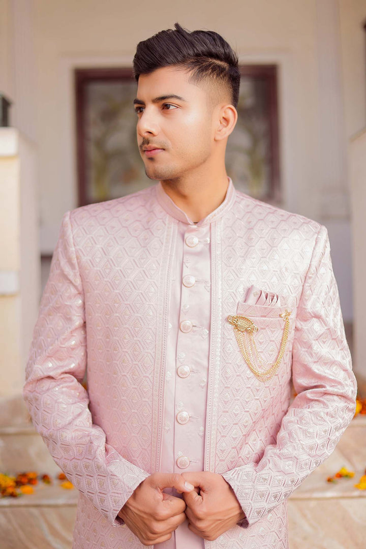 Mauve Raw Silk Jacket Style Indo-wester Suit.