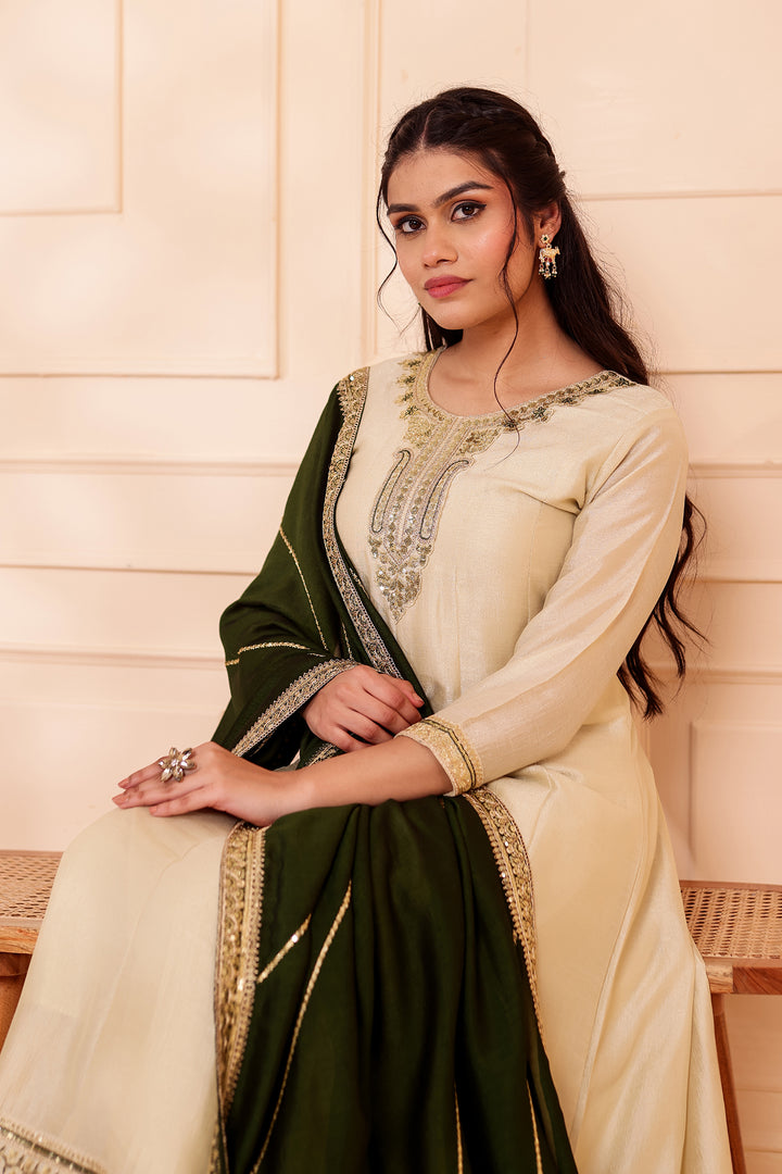 Pista Green Vichitra Silk Anarkali Suit.