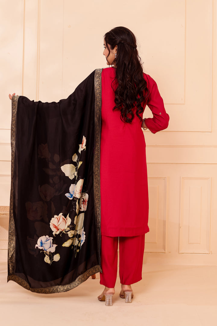 Maroon Chanderi Silk Straight Cut Suit.