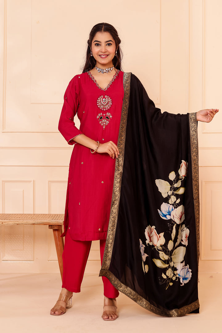 Maroon Chanderi Silk Straight Cut Suit.