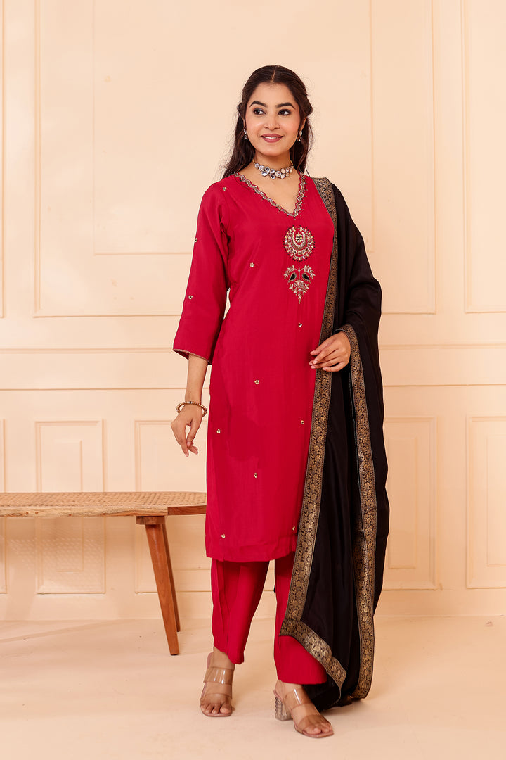Maroon Chanderi Silk Straight Cut Suit.