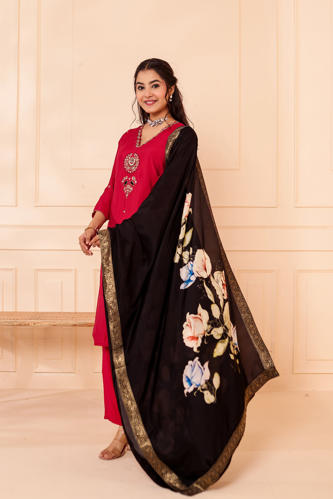 Maroon Chanderi Silk Straight Cut Suit.