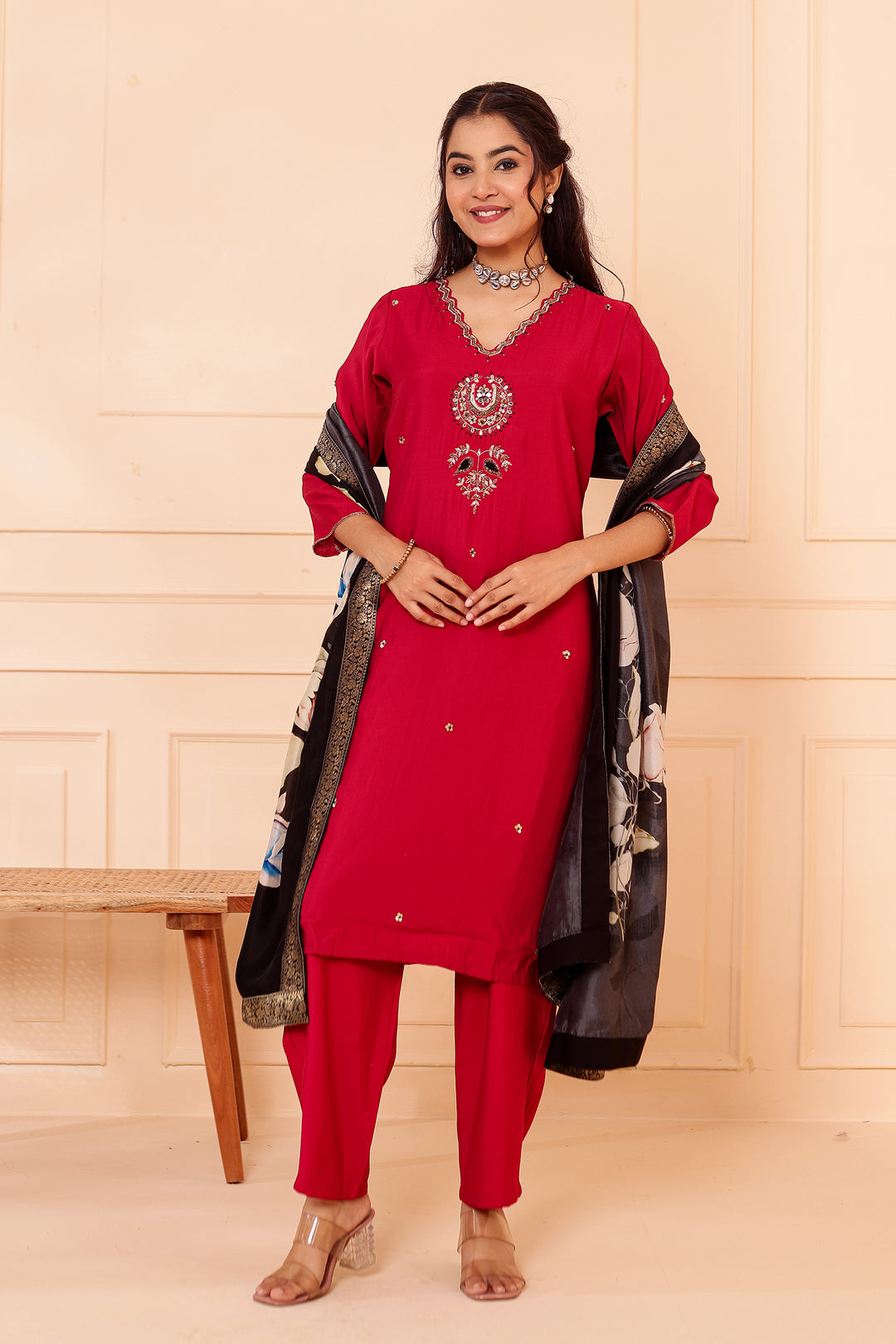 Maroon Chanderi Silk Straight Cut Suit.