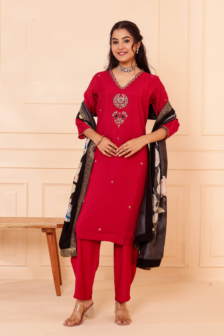 Maroon Chanderi Silk Straight Cut Suit.