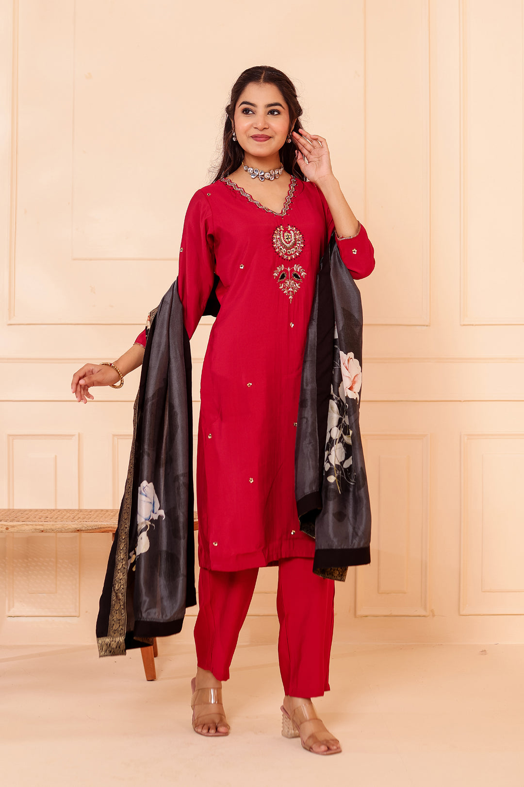 Maroon Chanderi Silk Straight Cut Suit.