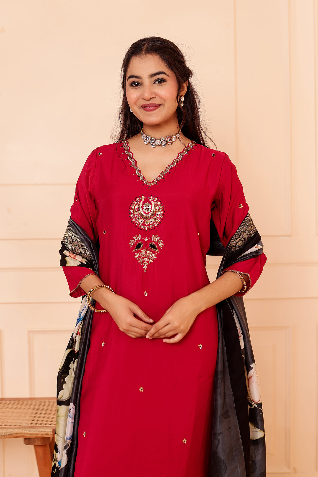 Maroon Chanderi Silk Straight Cut Suit.