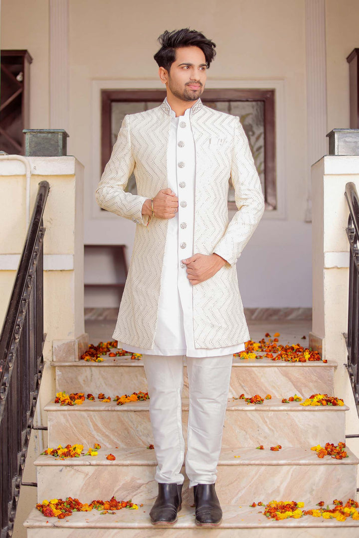 Off White Lucknowi Jacket Style Indo-Western Suit