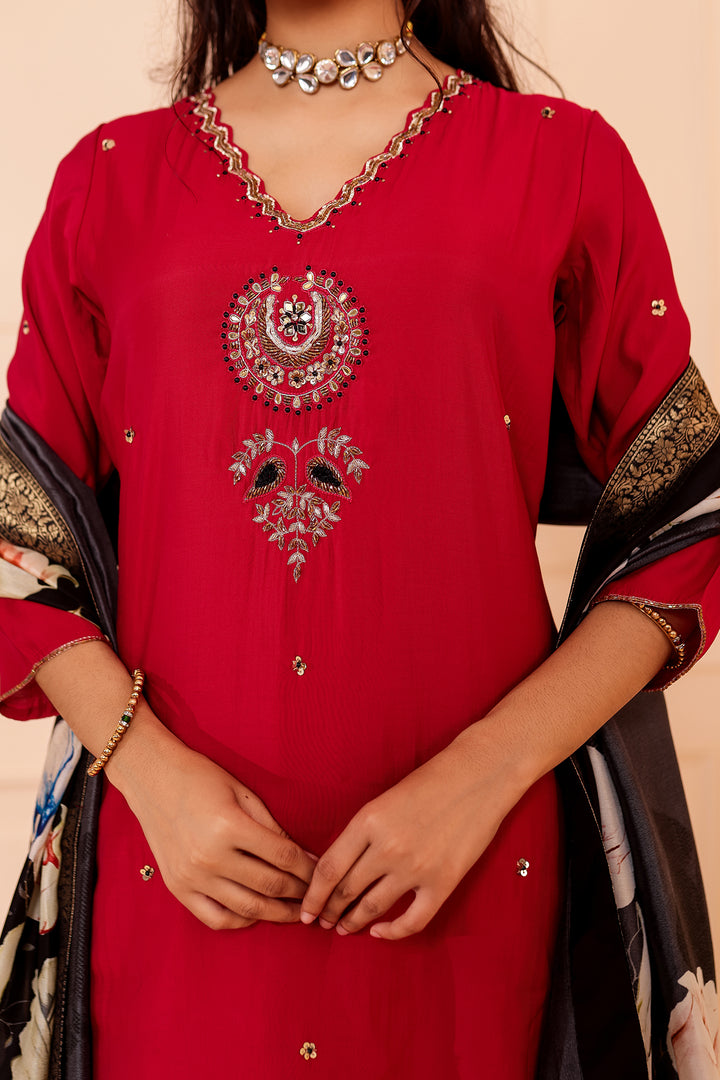 Maroon Chanderi Silk Straight Cut Suit.