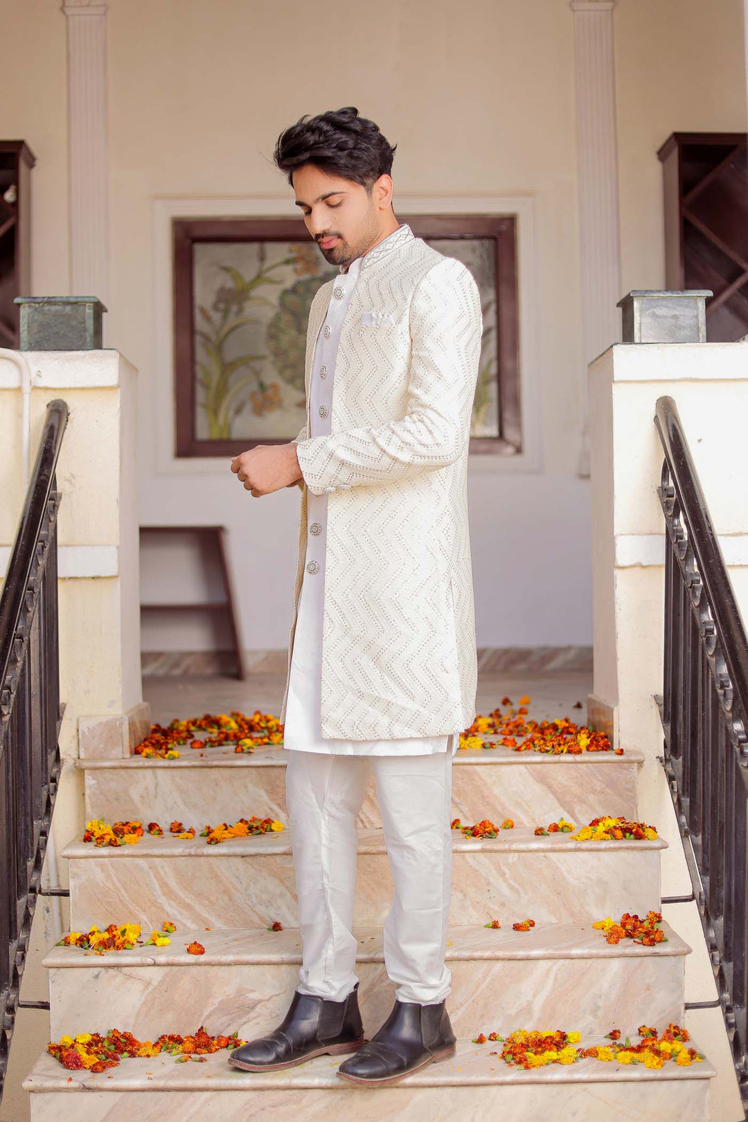 Off White Lucknowi Jacket Style Indo-Western Suit