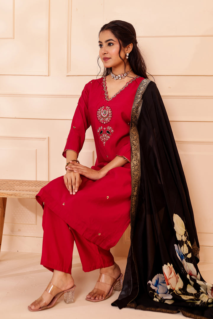 Maroon Chanderi Silk Straight Cut Suit.