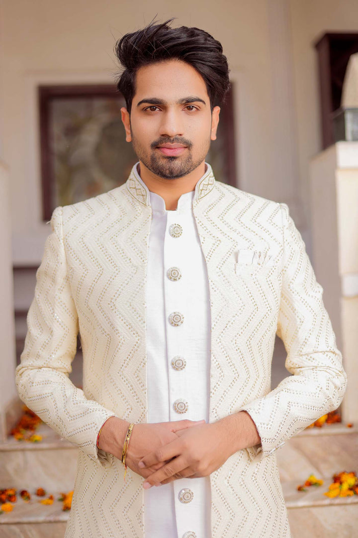 Off White Lucknowi Jacket Style Indo-Western Suit