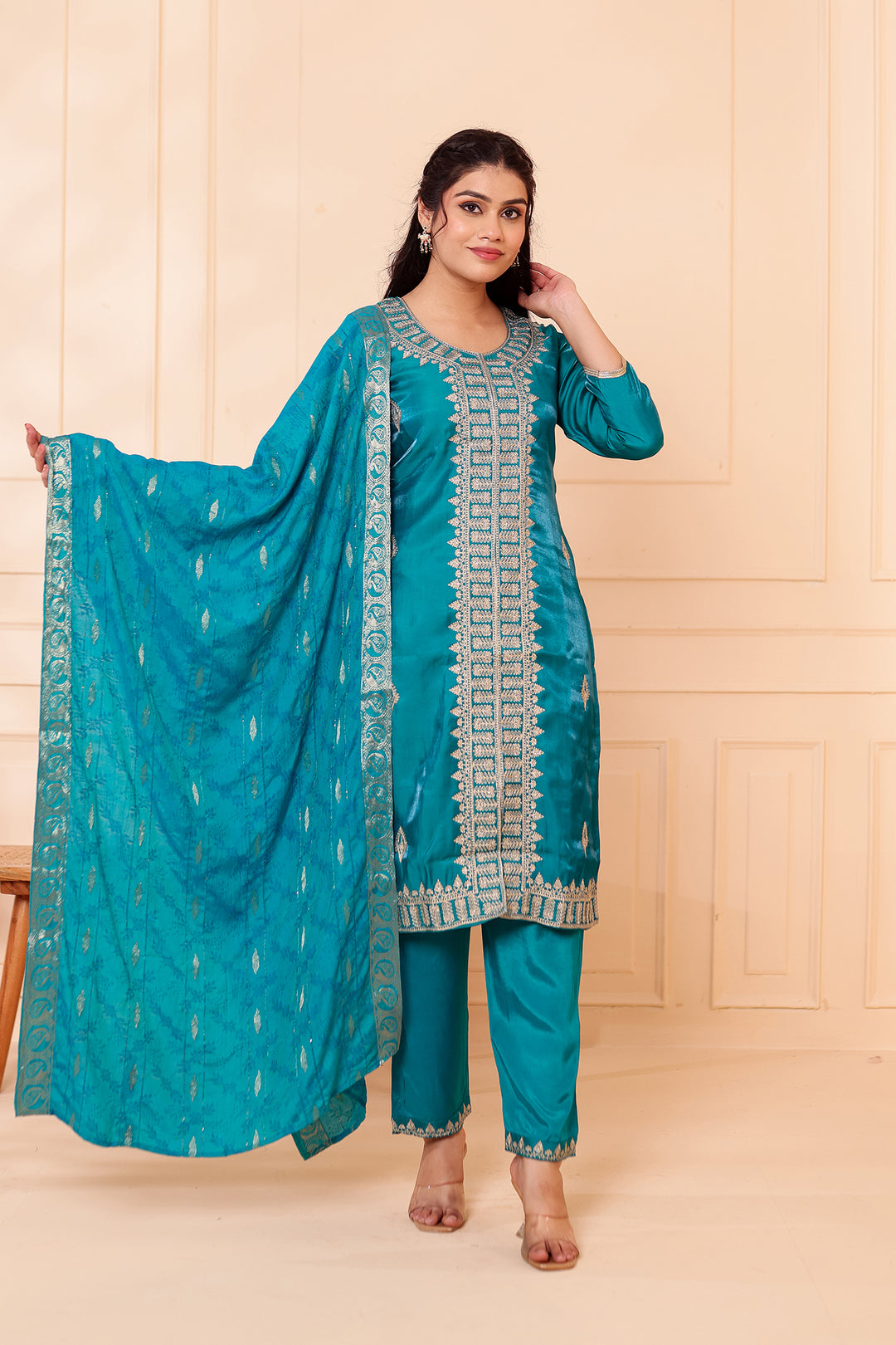 Teal Soft Shimmer Silk Straight Cut Kurta Set.