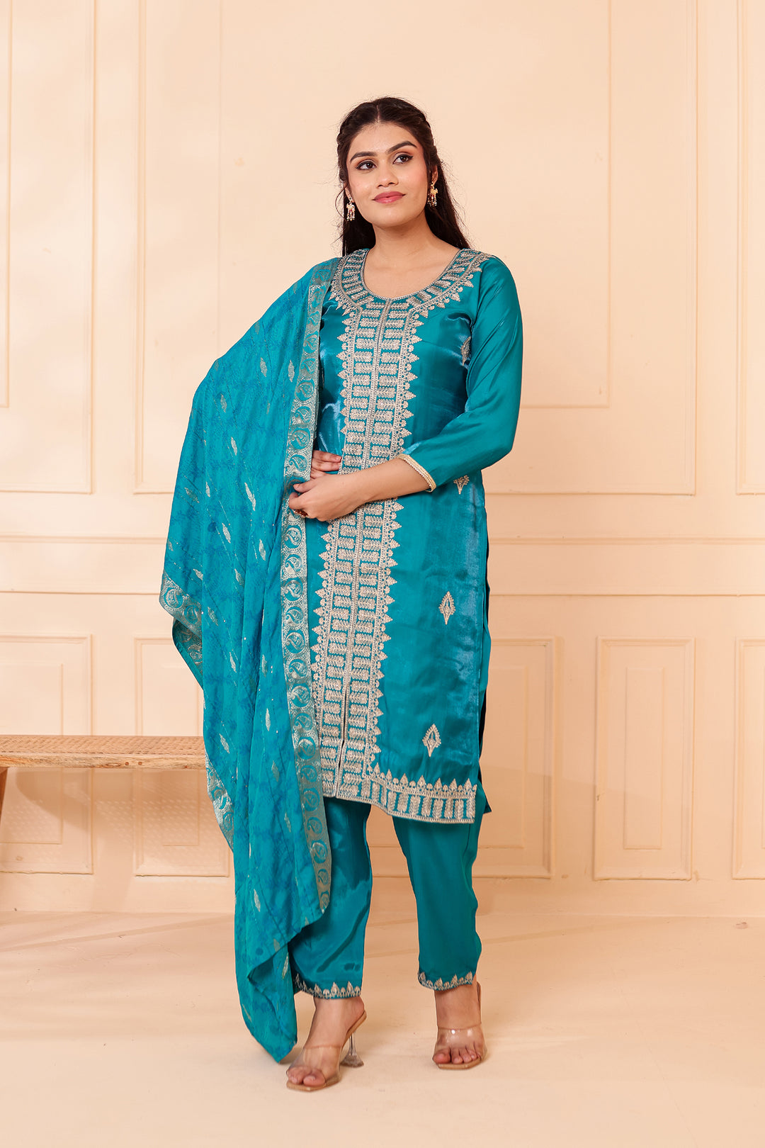 Teal Soft Shimmer Silk Straight Cut Kurta Set.