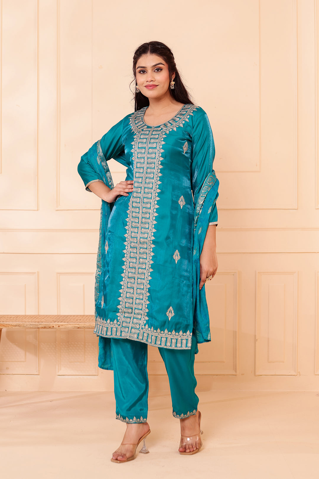 Teal Soft Shimmer Silk Straight Cut Kurta Set.