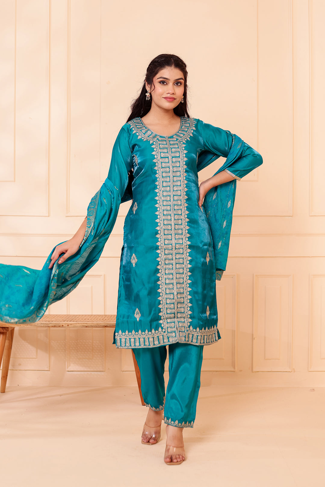 Teal Soft Shimmer Silk Straight Cut Kurta Set.