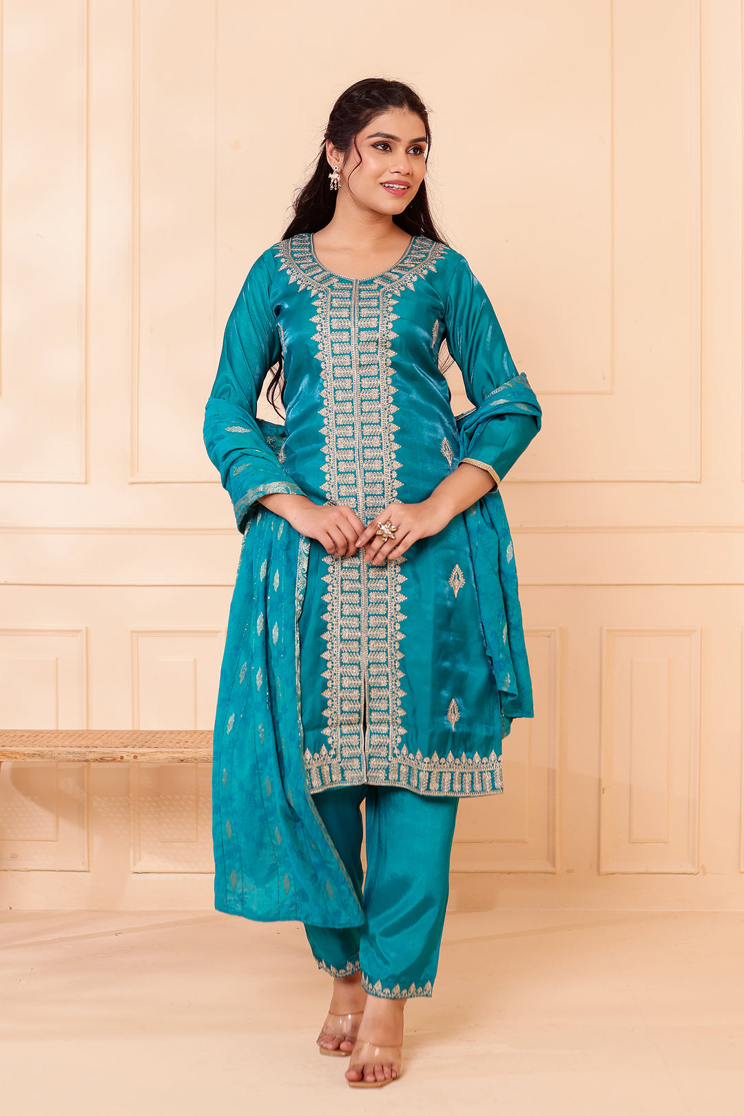Teal Soft Shimmer Silk Straight Cut Kurta Set.