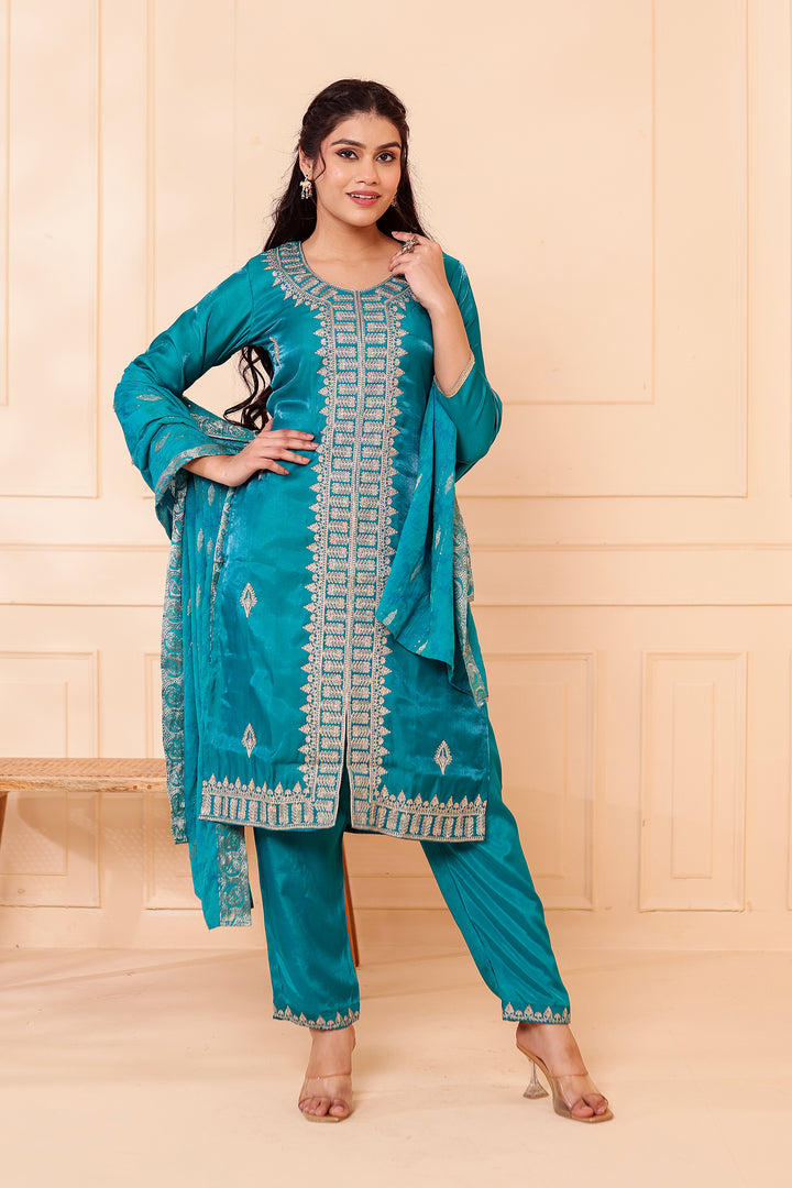 Teal Soft Shimmer Silk Straight Cut Kurta Set.