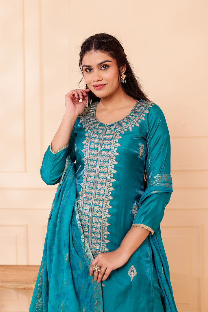Teal Soft Shimmer Silk Straight Cut Kurta Set.