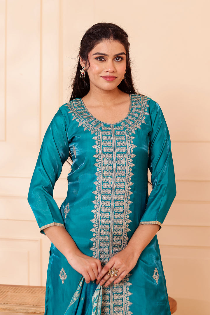 Teal Soft Shimmer Silk Straight Cut Kurta Set.