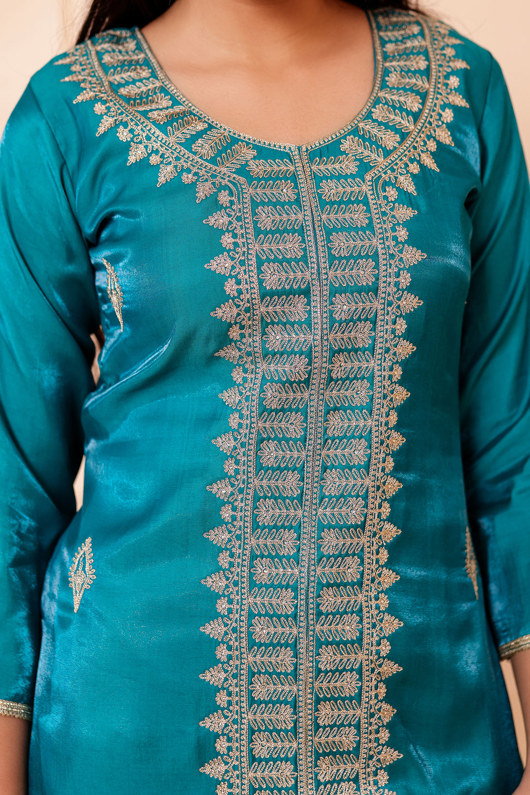 Teal Soft Shimmer Silk Straight Cut Kurta Set.