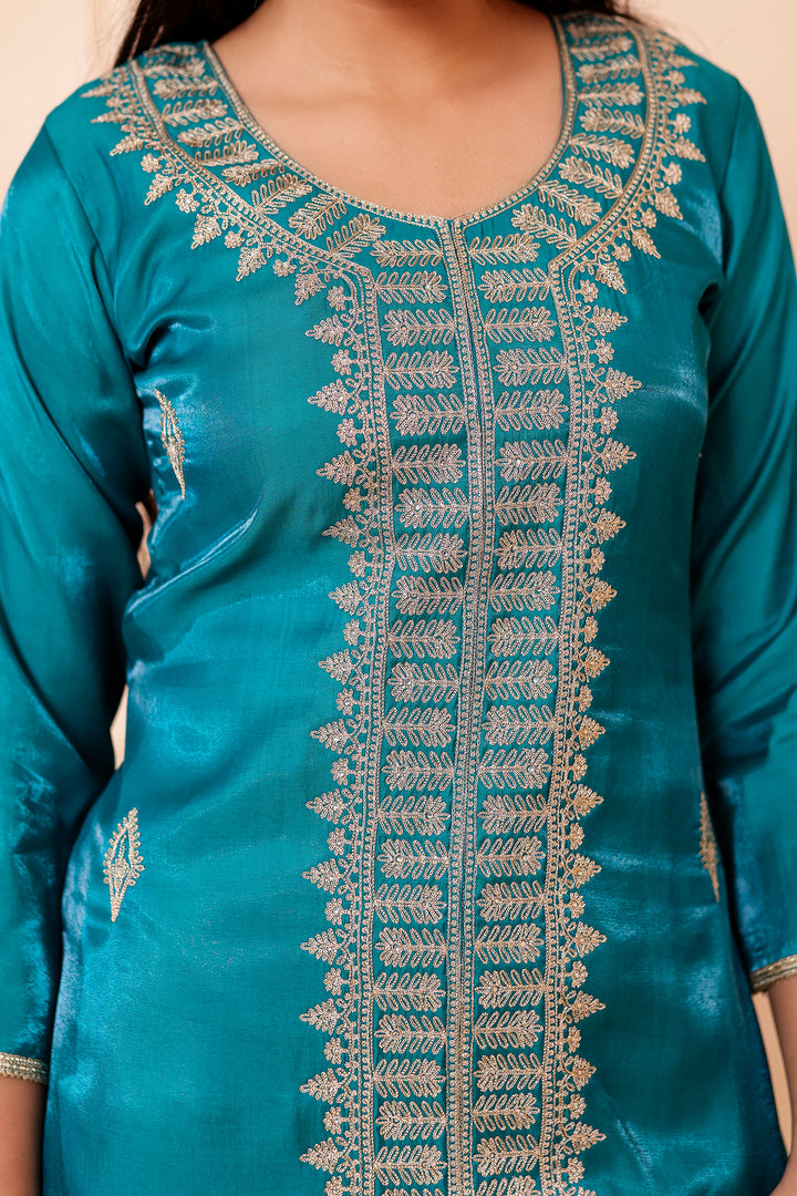 Teal Soft Shimmer Silk Straight Cut Kurta Set.