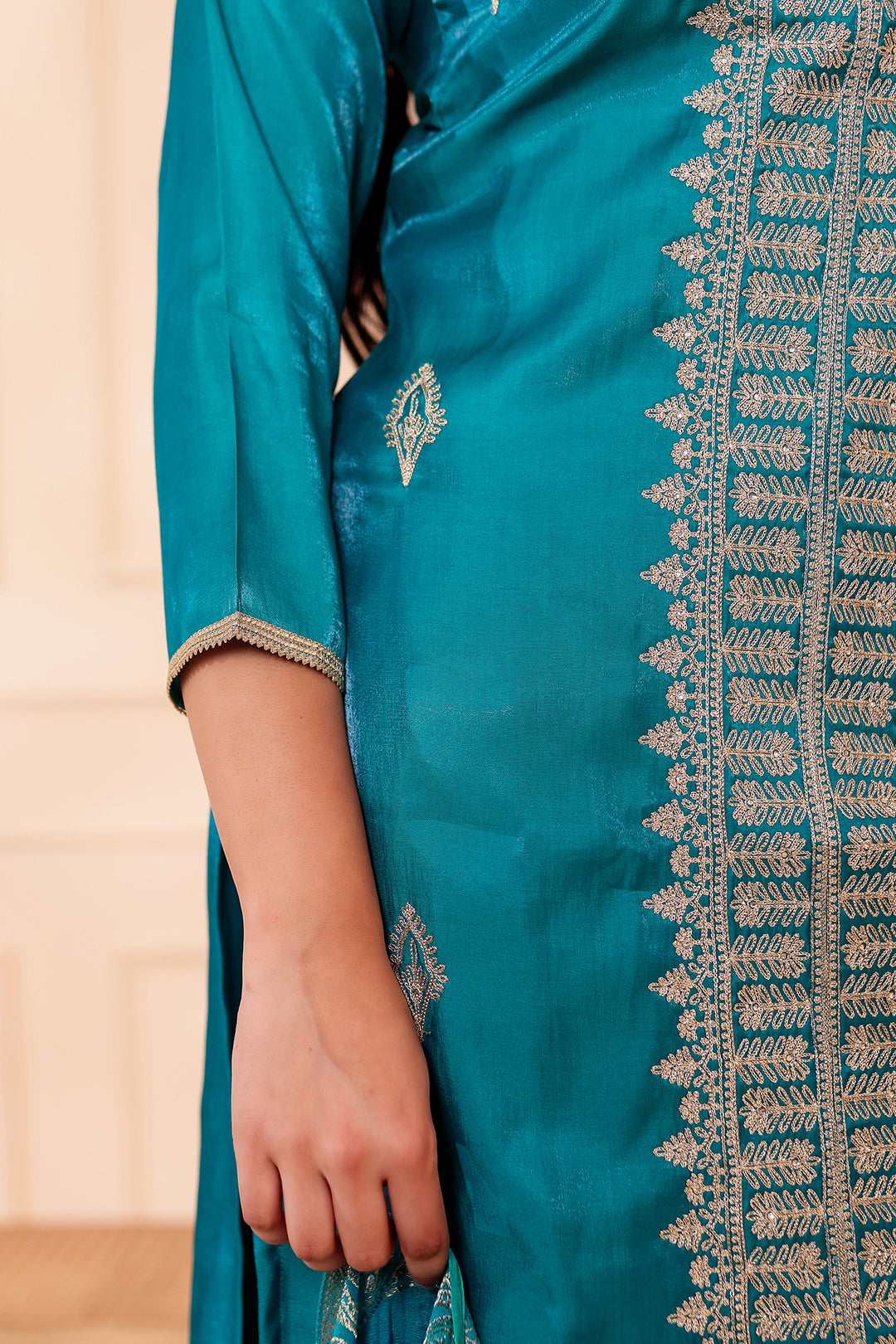Teal Soft Shimmer Silk Straight Cut Kurta Set.