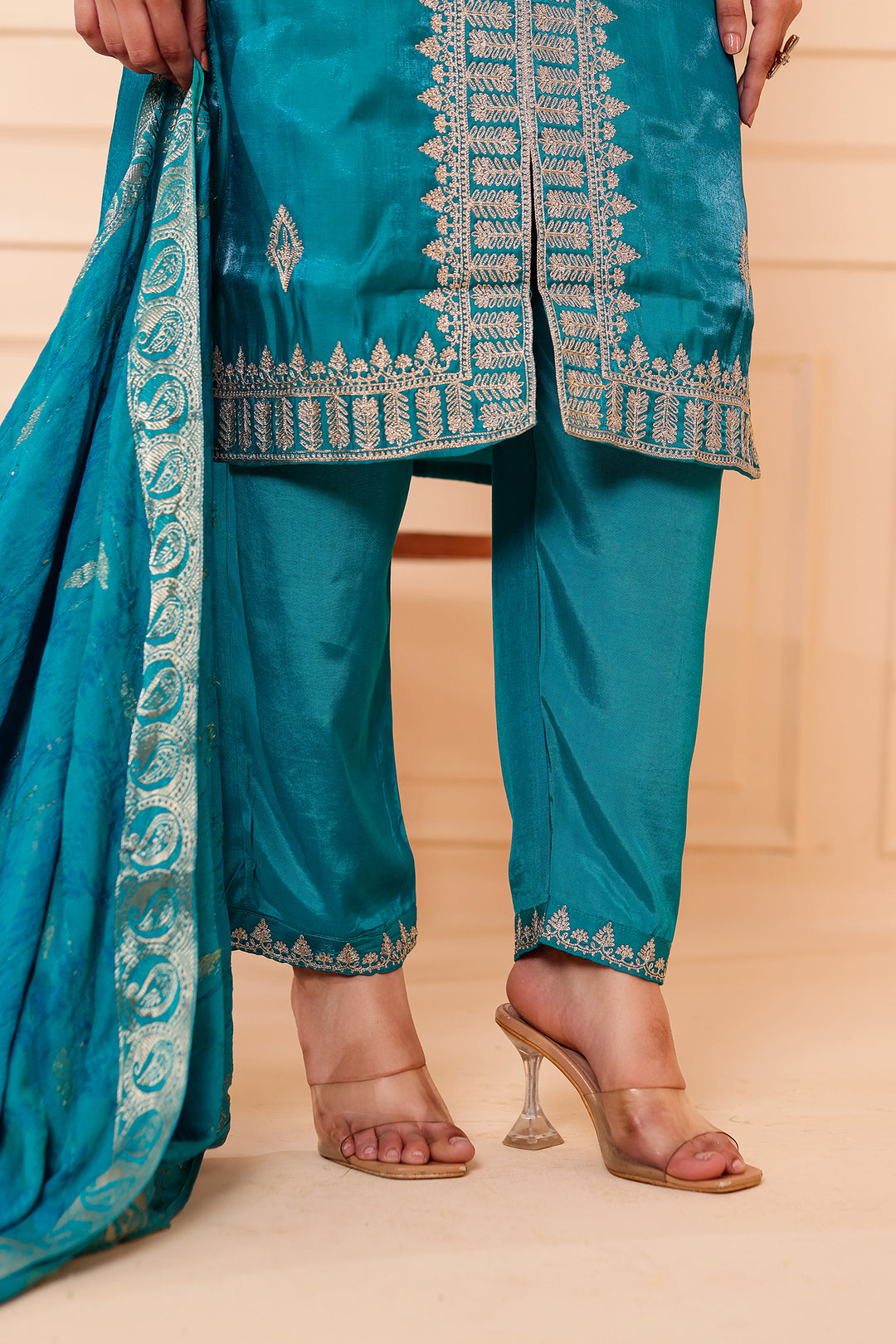 Teal Soft Shimmer Silk Straight Cut Kurta Set.