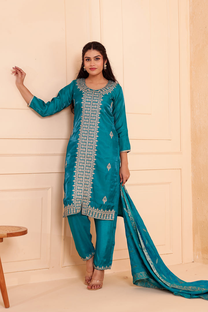 Teal Soft Shimmer Silk Straight Cut Kurta Set.