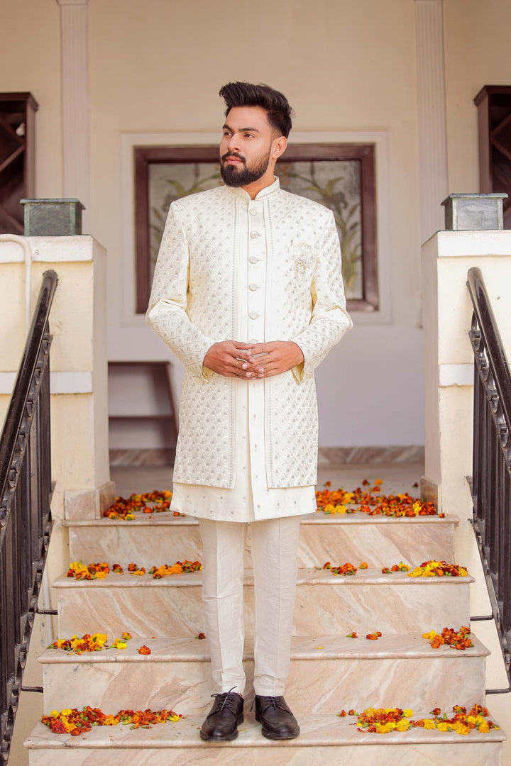 Cream Raw Silk Jacket Style Indo-wester Suit.