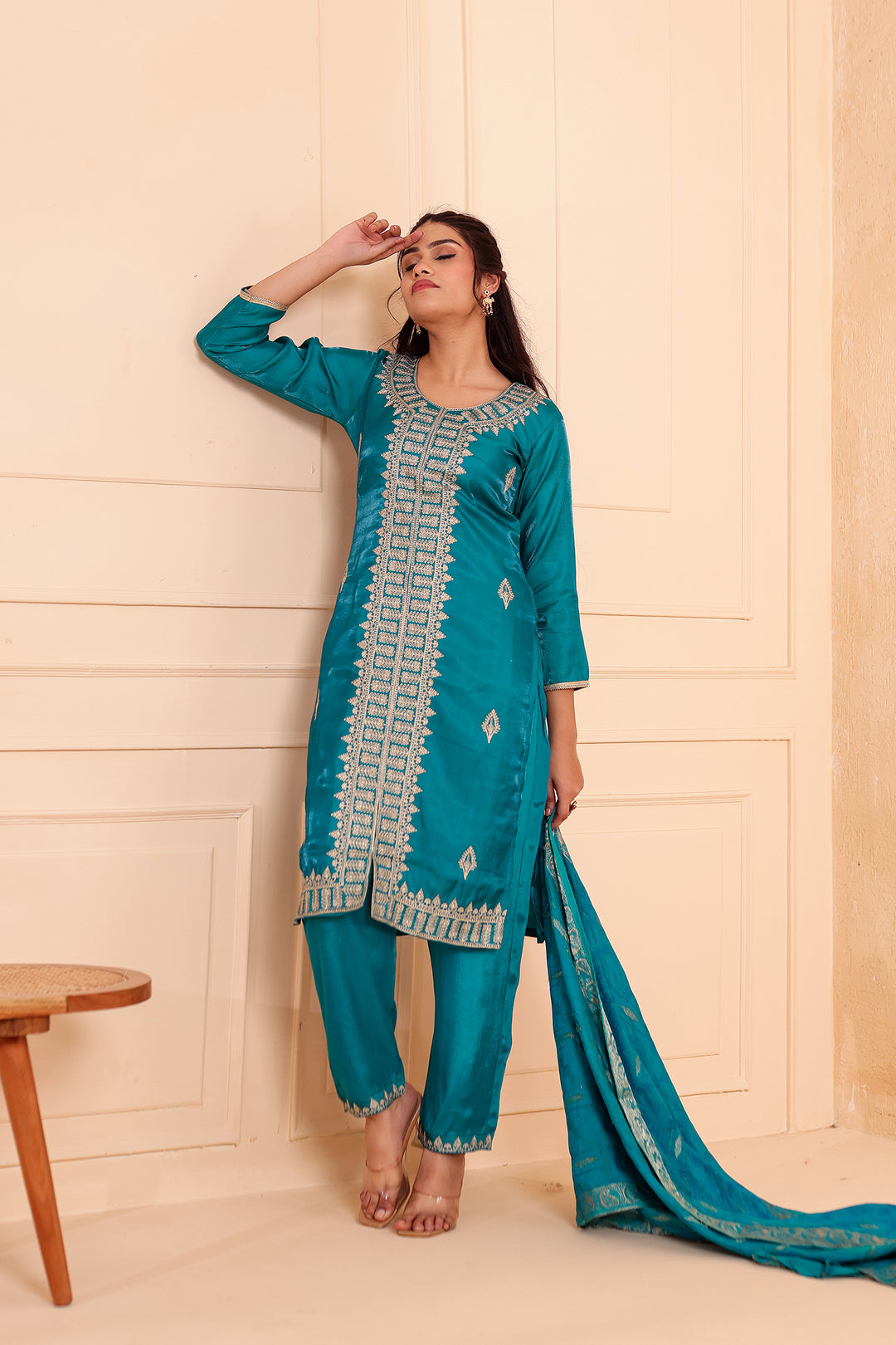 Teal Soft Shimmer Silk Straight Cut Kurta Set.