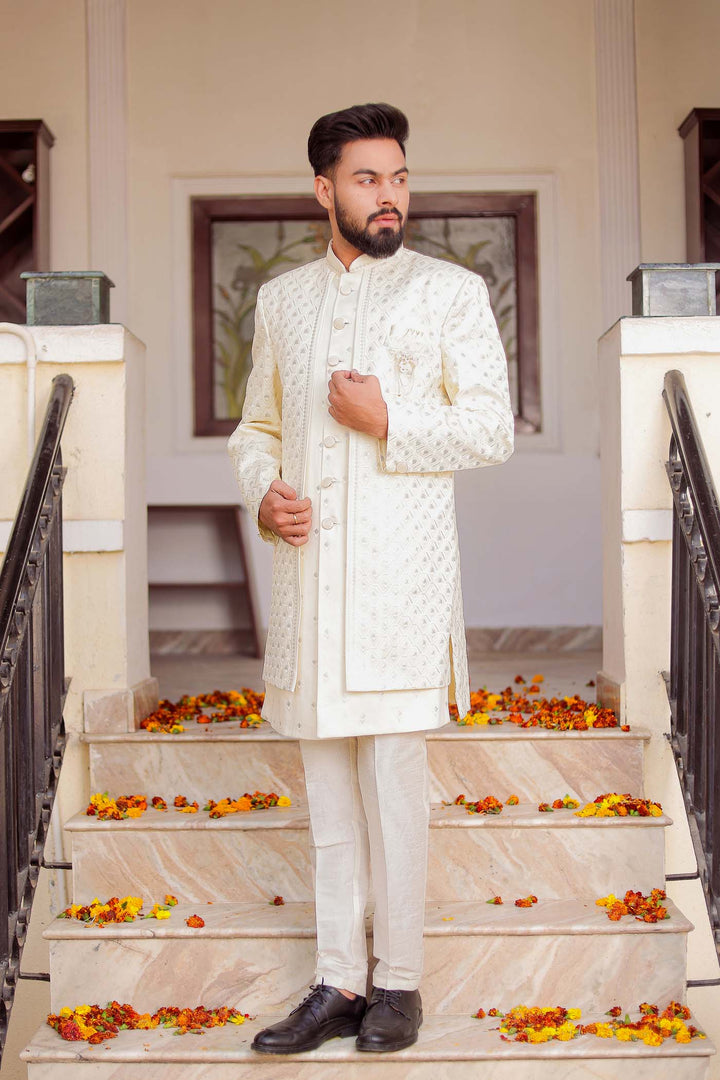 Cream Raw Silk Jacket Style Indo-wester Suit.