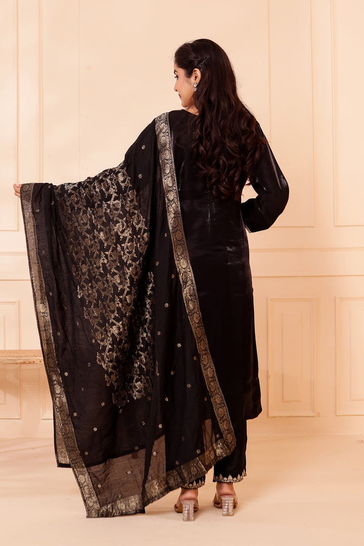 Black Soft Shimmer Silk Straight Cut Kurta Set.
