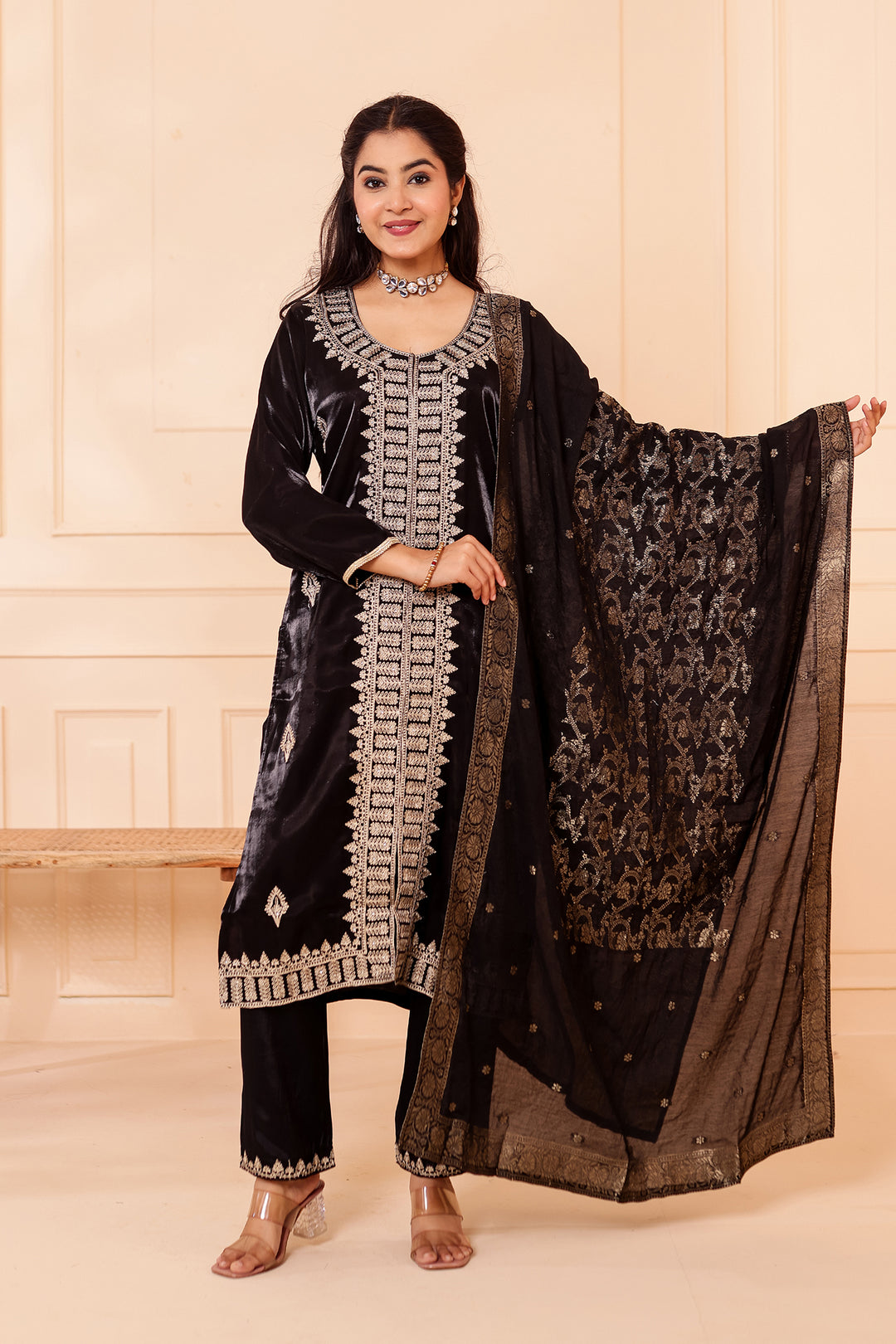Black Soft Shimmer Silk Straight Cut Kurta Set.