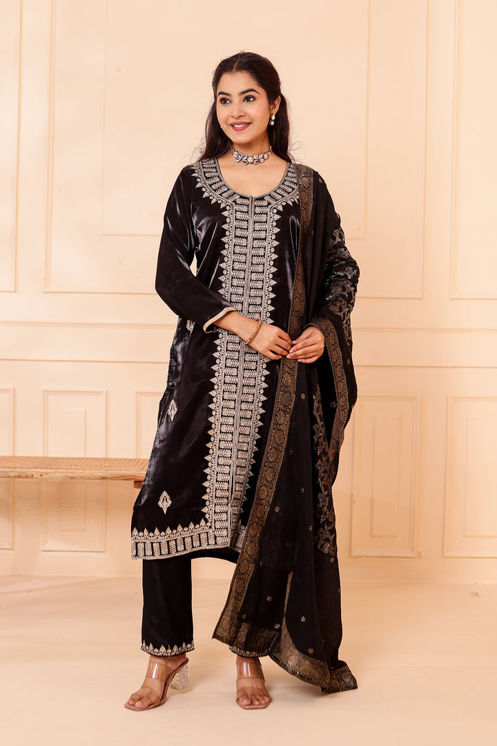 Black Soft Shimmer Silk Straight Cut Kurta Set.